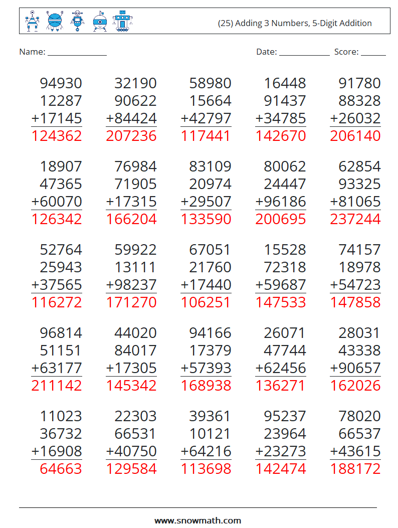 (25) Adding 3 Numbers, 5-Digit Addition Maths Worksheets 8 Question, Answer