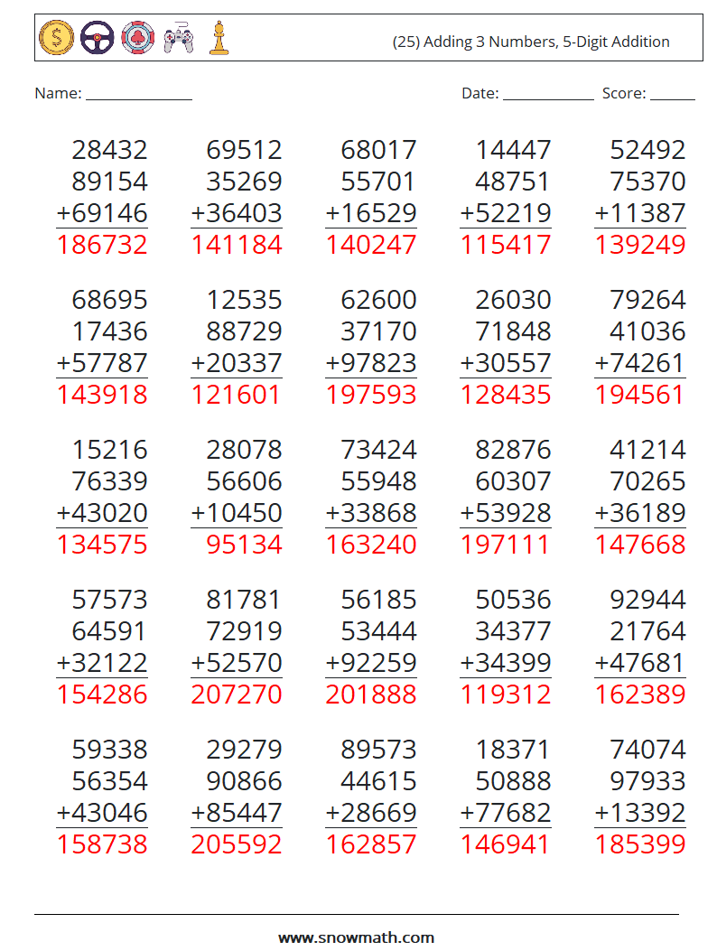 (25) Adding 3 Numbers, 5-Digit Addition Maths Worksheets 9 Question, Answer