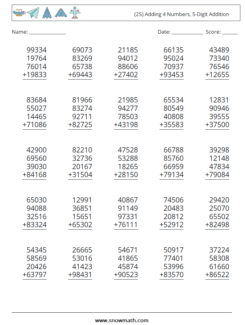 (25) Adding 4 Numbers, 5-Digit Addition Maths Worksheets 1