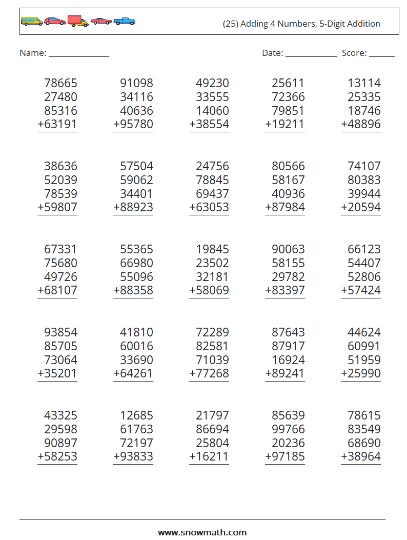 (25) Adding 4 Numbers, 5-Digit Addition Maths Worksheets 10