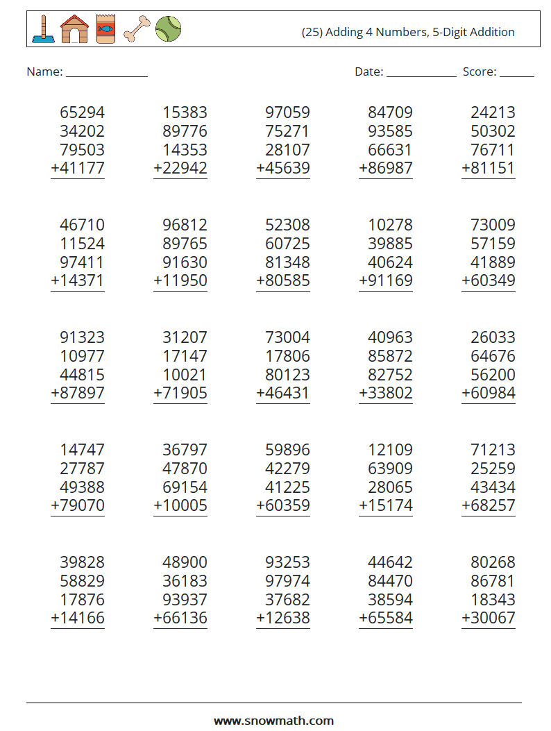 (25) Adding 4 Numbers, 5-Digit Addition Maths Worksheets 11