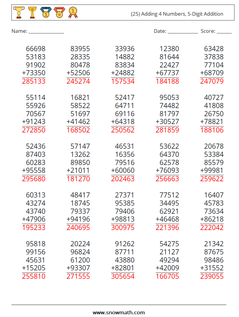 (25) Adding 4 Numbers, 5-Digit Addition Maths Worksheets 12 Question, Answer