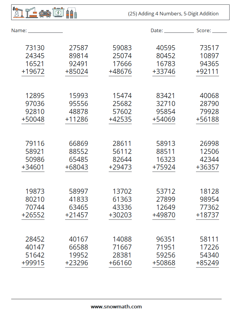 (25) Adding 4 Numbers, 5-Digit Addition Maths Worksheets 13