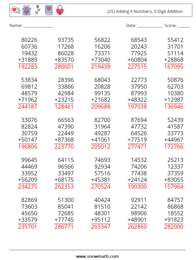 (25) Adding 4 Numbers, 5-Digit Addition Maths Worksheets 14 Question, Answer