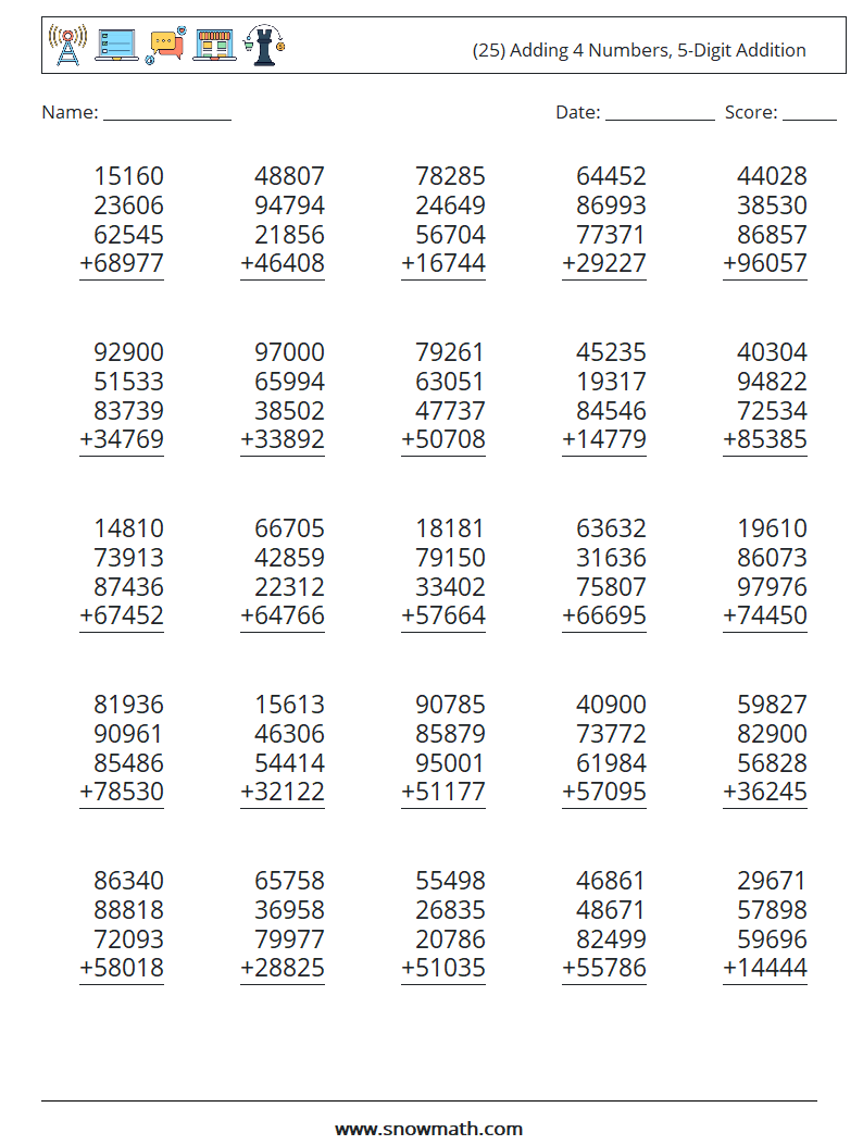 (25) Adding 4 Numbers, 5-Digit Addition Maths Worksheets 16