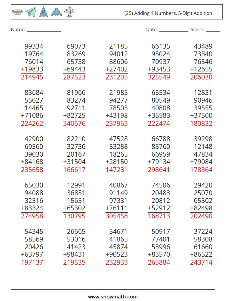 (25) Adding 4 Numbers, 5-Digit Addition Maths Worksheets 1 Question, Answer