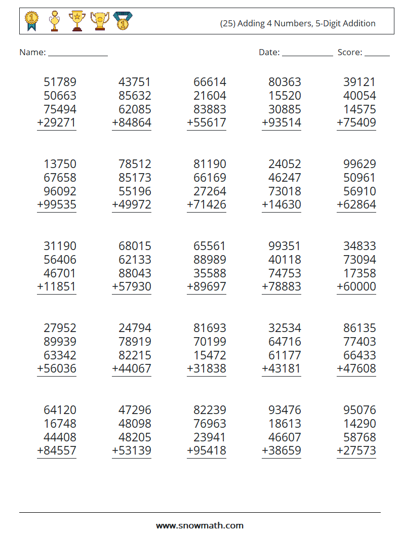 (25) Adding 4 Numbers, 5-Digit Addition Maths Worksheets 2