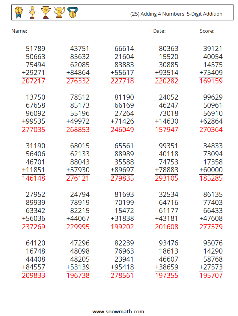 (25) Adding 4 Numbers, 5-Digit Addition Maths Worksheets 2 Question, Answer