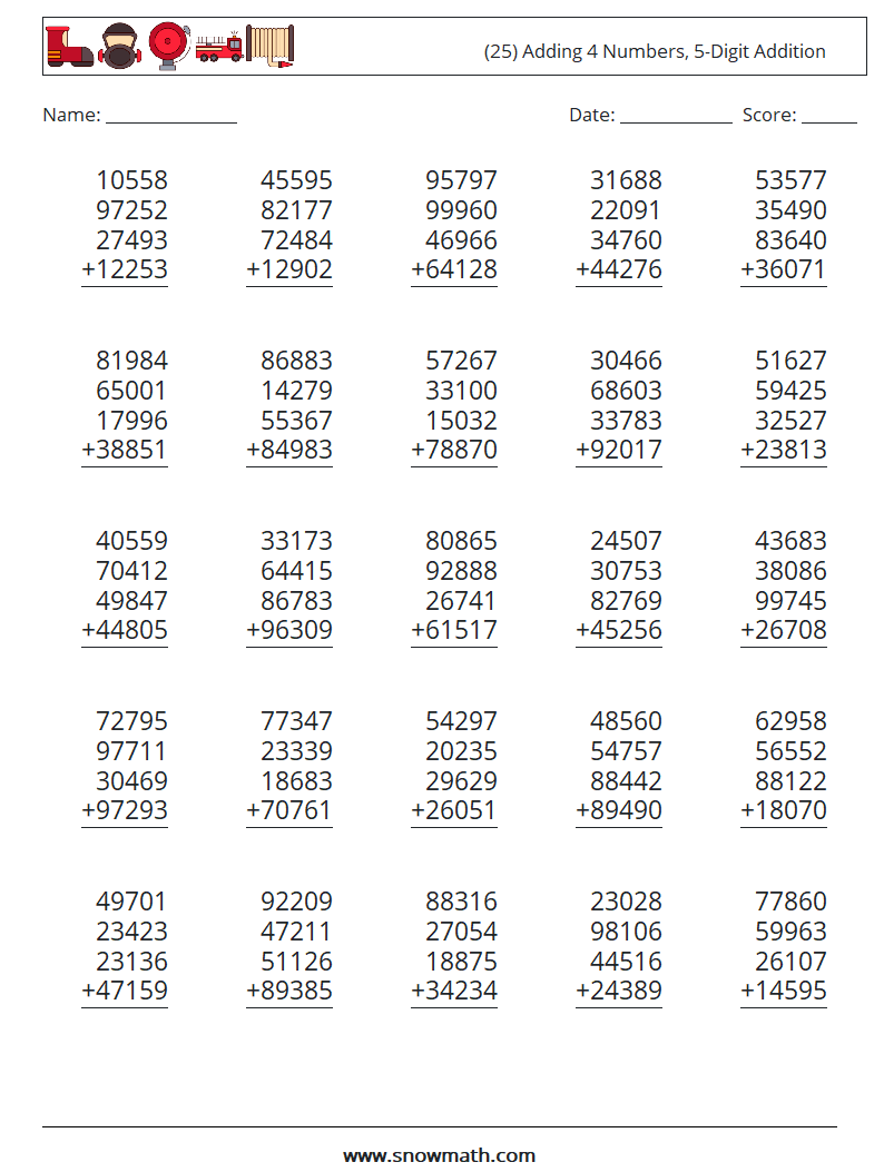 (25) Adding 4 Numbers, 5-Digit Addition Maths Worksheets 3