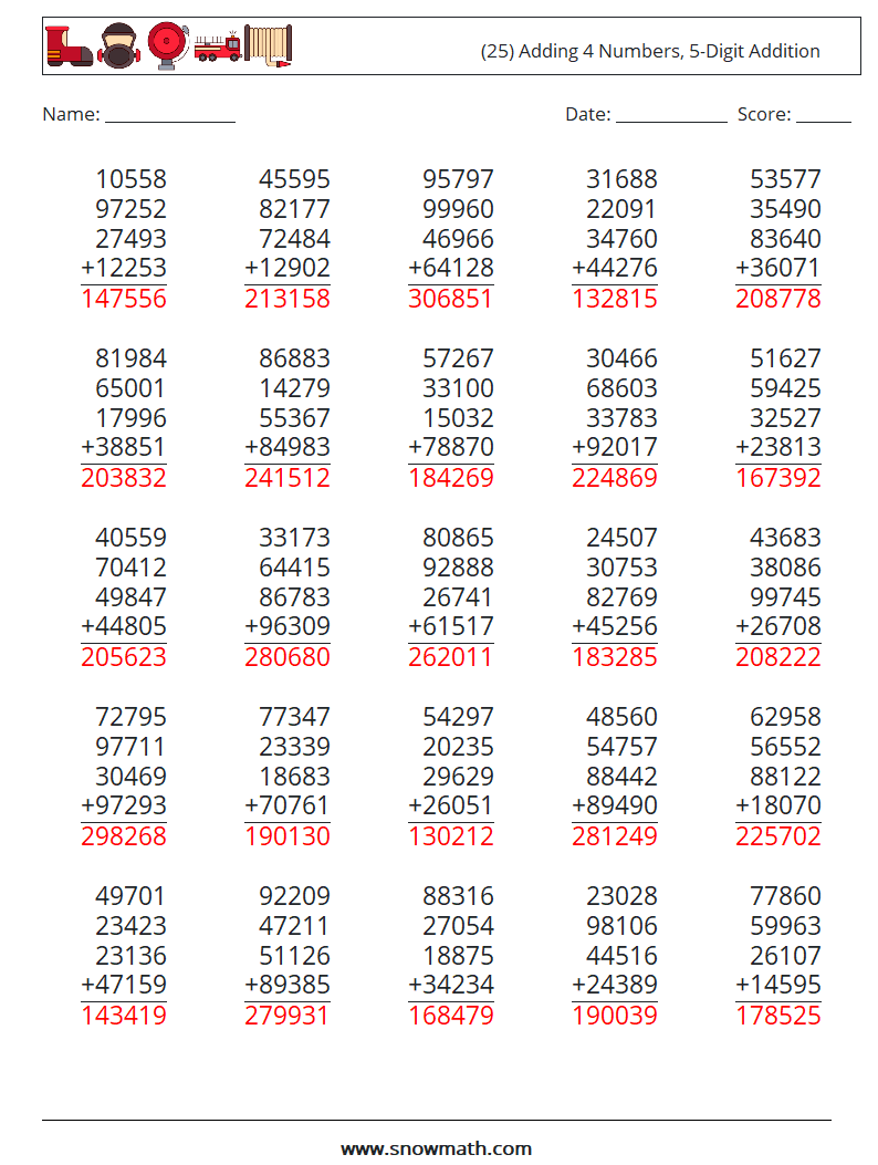 (25) Adding 4 Numbers, 5-Digit Addition Maths Worksheets 3 Question, Answer