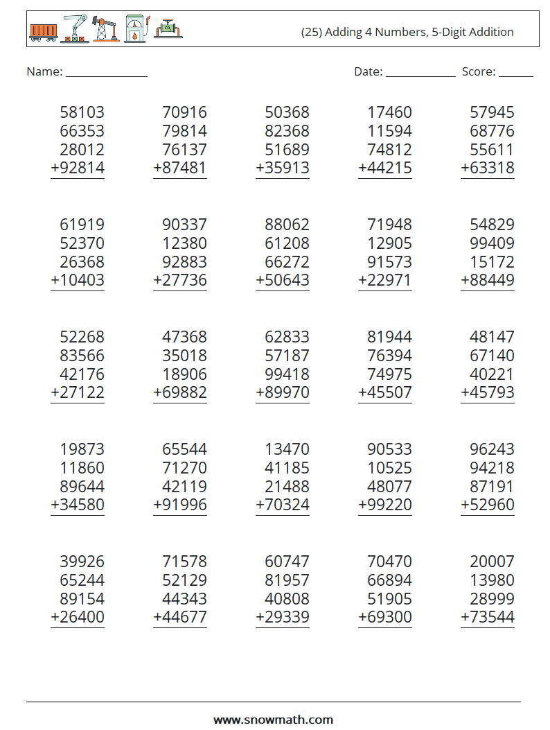 (25) Adding 4 Numbers, 5-Digit Addition Maths Worksheets 4