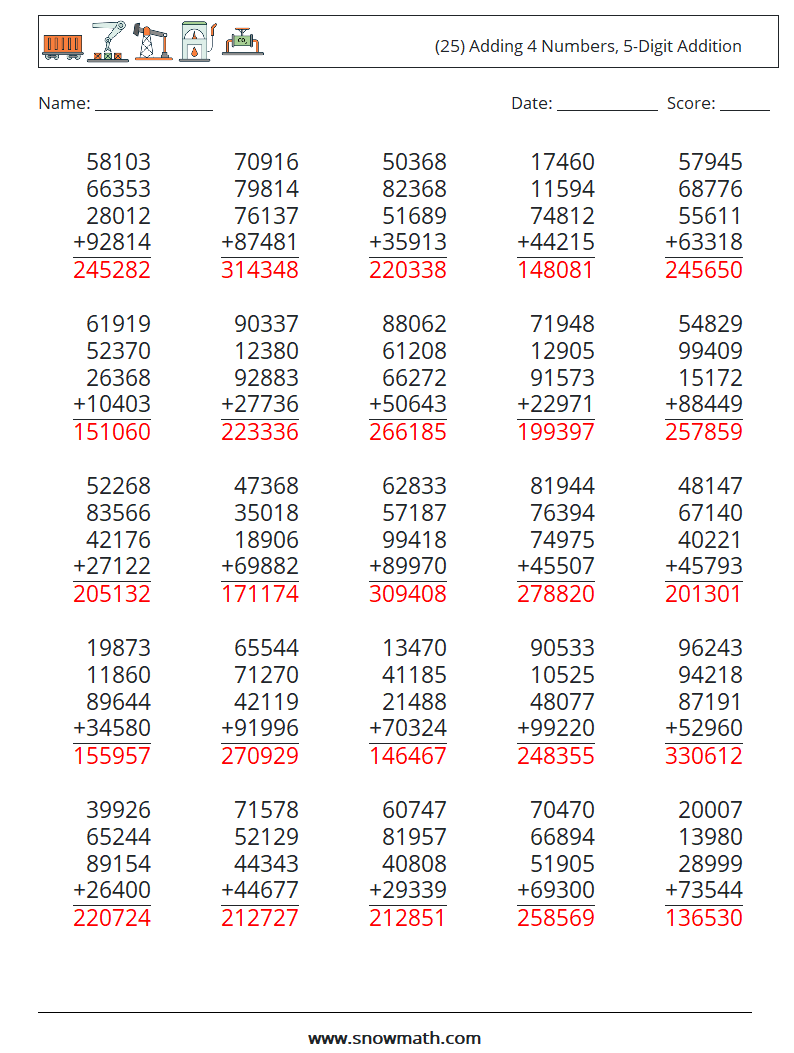 (25) Adding 4 Numbers, 5-Digit Addition Maths Worksheets 4 Question, Answer