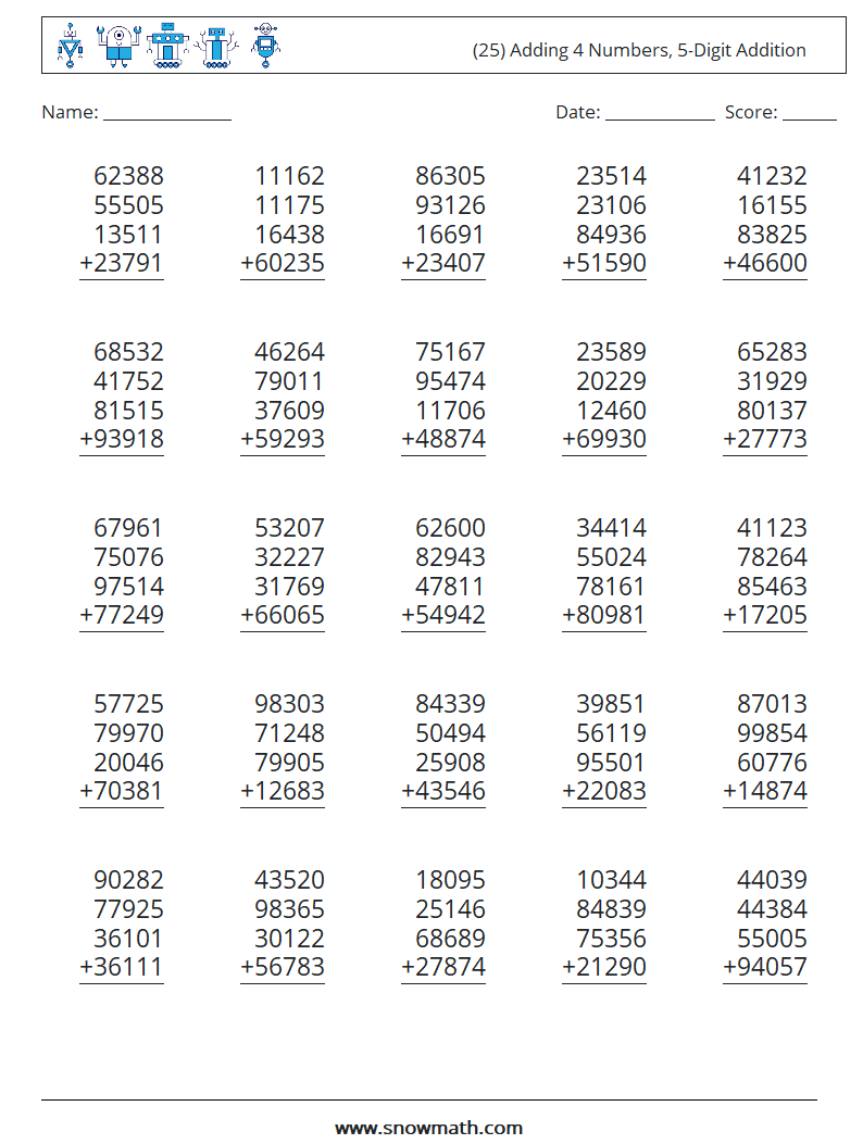 (25) Adding 4 Numbers, 5-Digit Addition Maths Worksheets 5