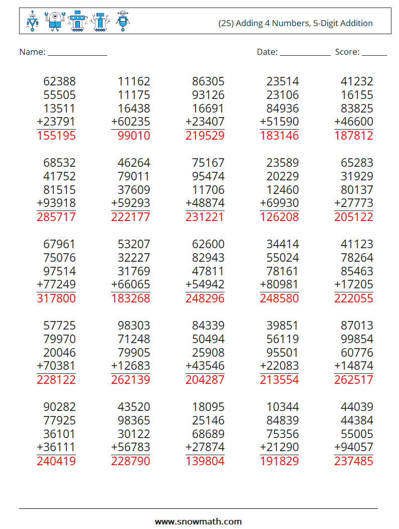 (25) Adding 4 Numbers, 5-Digit Addition Maths Worksheets 5 Question, Answer