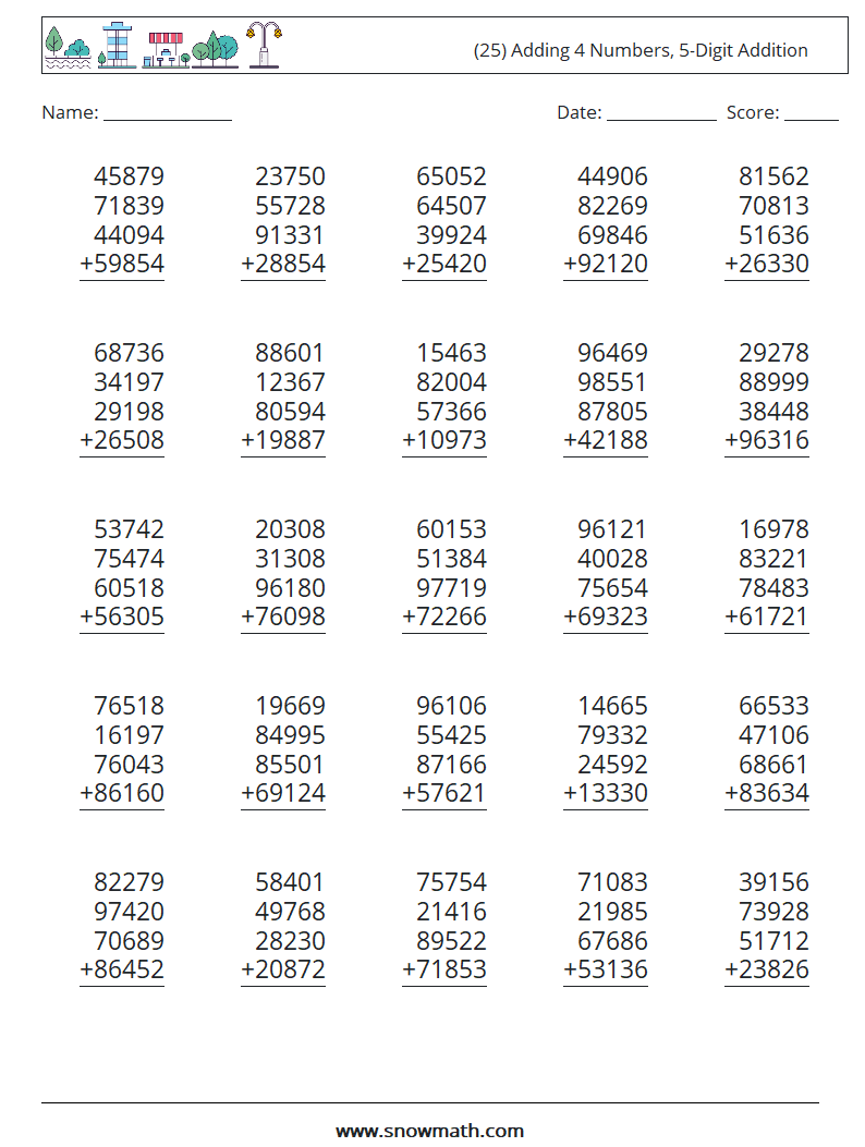 (25) Adding 4 Numbers, 5-Digit Addition Maths Worksheets 6