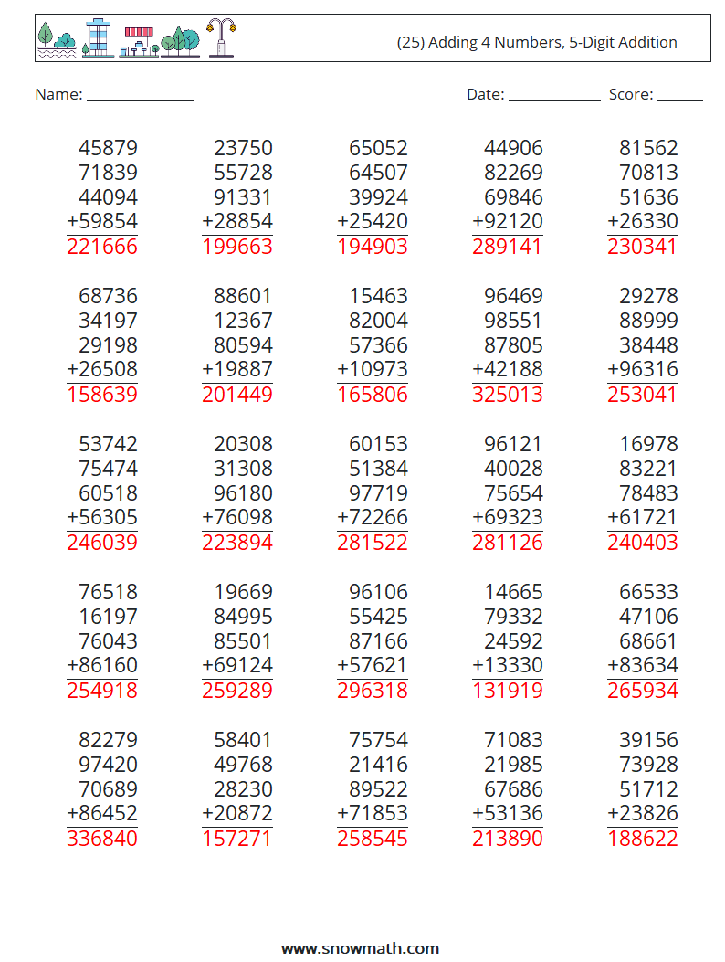 (25) Adding 4 Numbers, 5-Digit Addition Maths Worksheets 6 Question, Answer