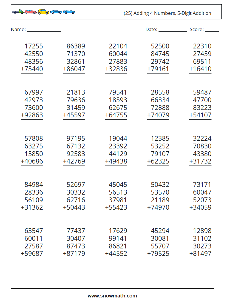 (25) Adding 4 Numbers, 5-Digit Addition Maths Worksheets 7