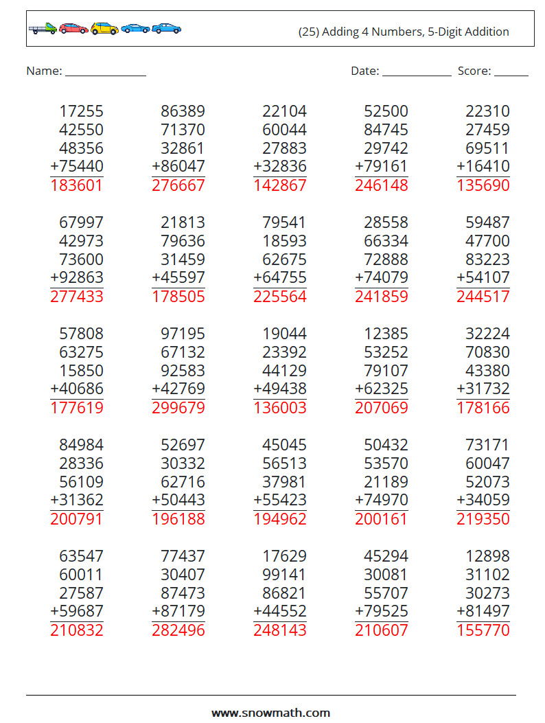 (25) Adding 4 Numbers, 5-Digit Addition Maths Worksheets 7 Question, Answer