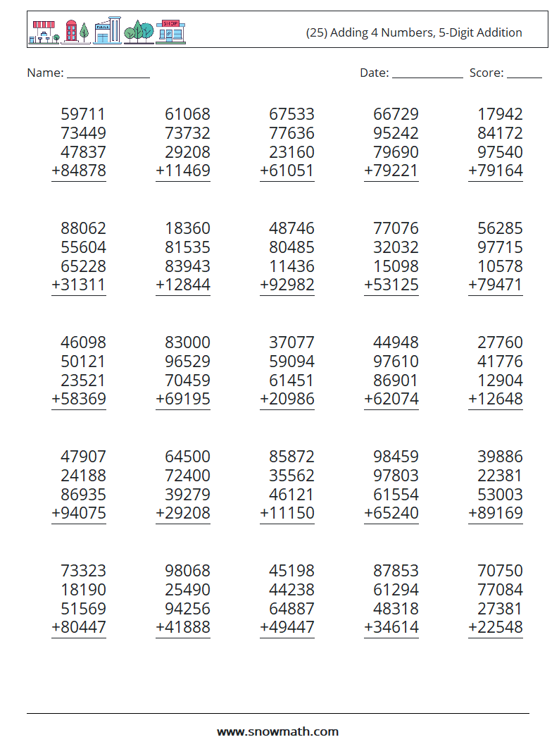 (25) Adding 4 Numbers, 5-Digit Addition Maths Worksheets 8