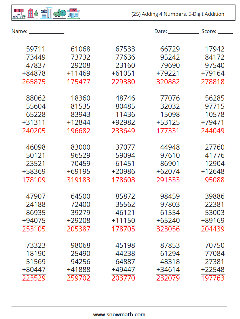 (25) Adding 4 Numbers, 5-Digit Addition Maths Worksheets 8 Question, Answer