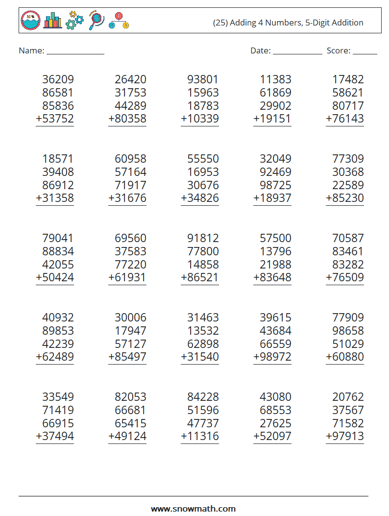 (25) Adding 4 Numbers, 5-Digit Addition Maths Worksheets 9