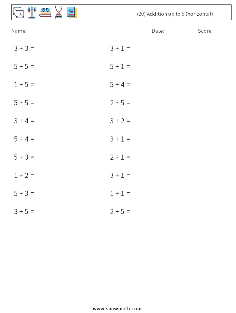 (20) Addition up to 5 (horizontal) Maths Worksheets 2