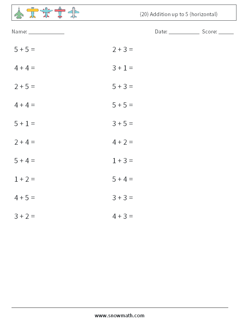 (20) Addition up to 5 (horizontal) Maths Worksheets 6