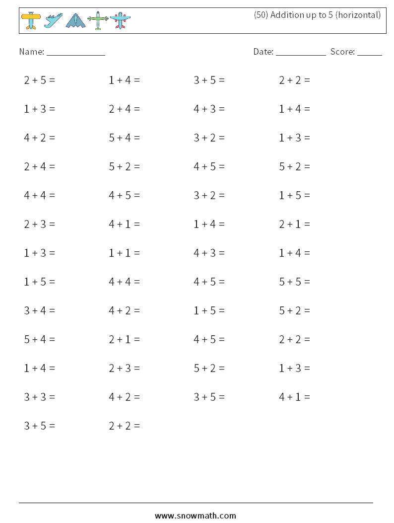 (50) Addition up to 5 (horizontal) Maths Worksheets 6