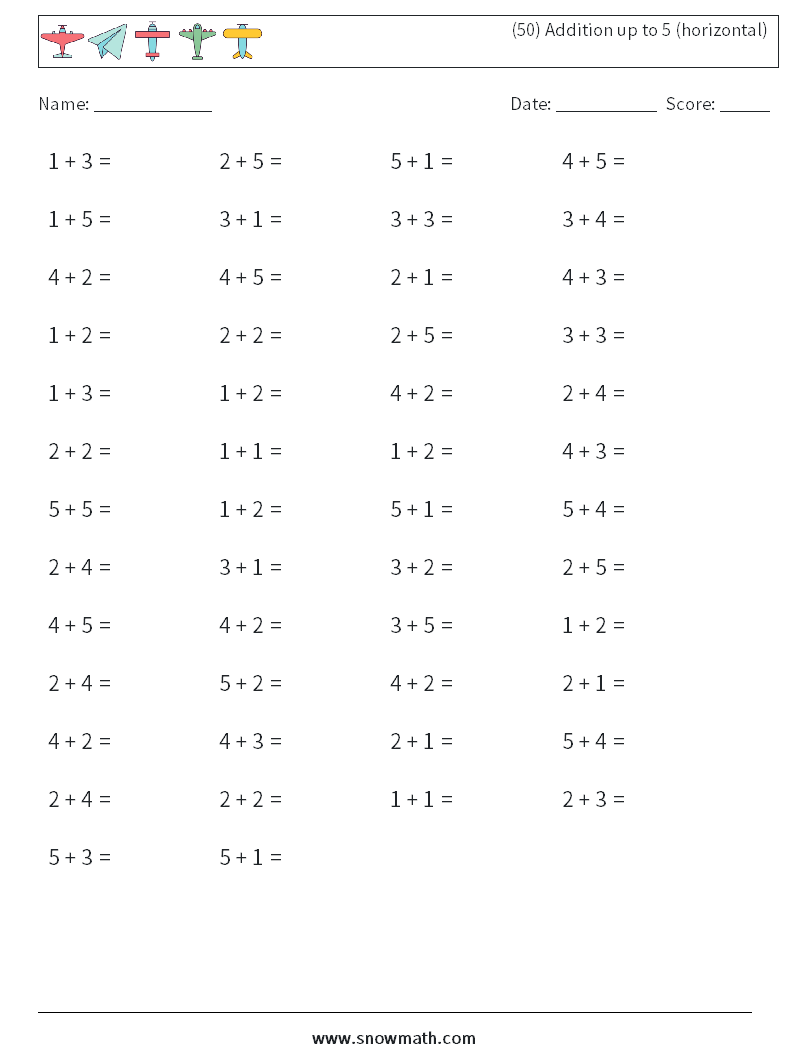 (50) Addition up to 5 (horizontal) Maths Worksheets 7