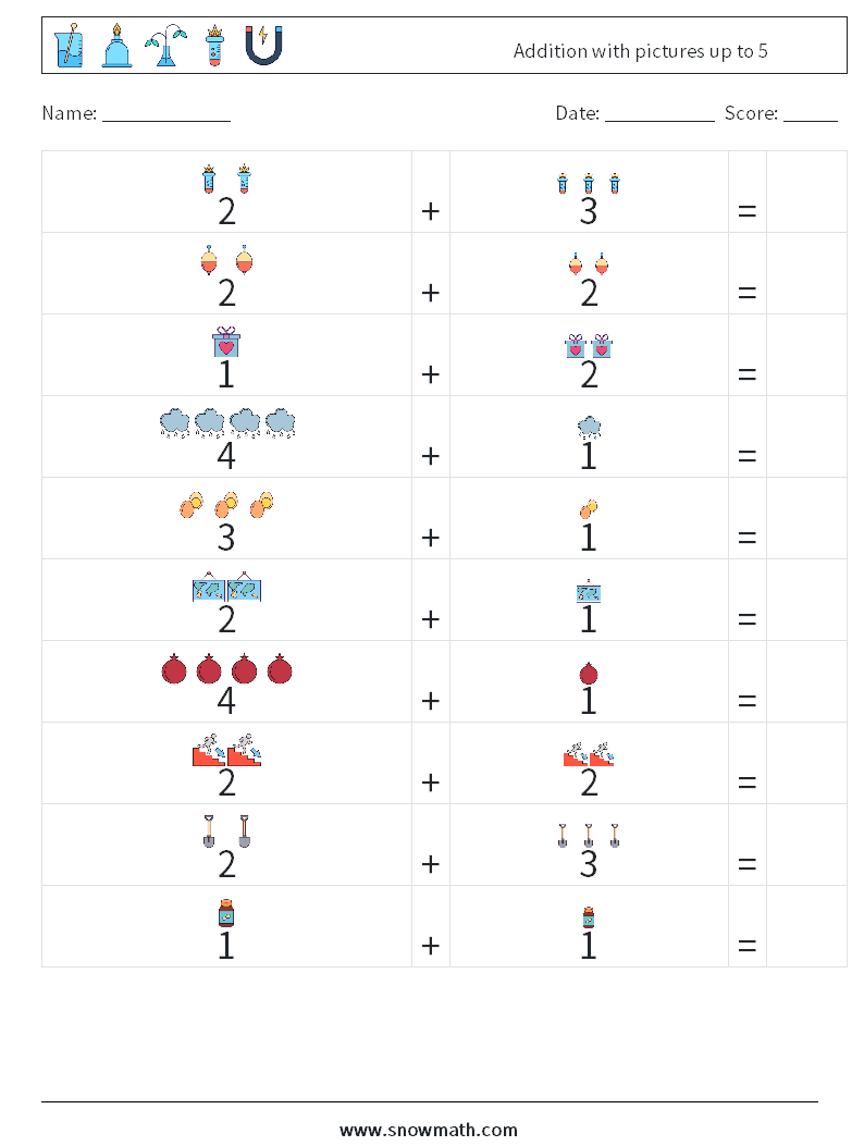 Addition with pictures up to 5 Maths Worksheets 1