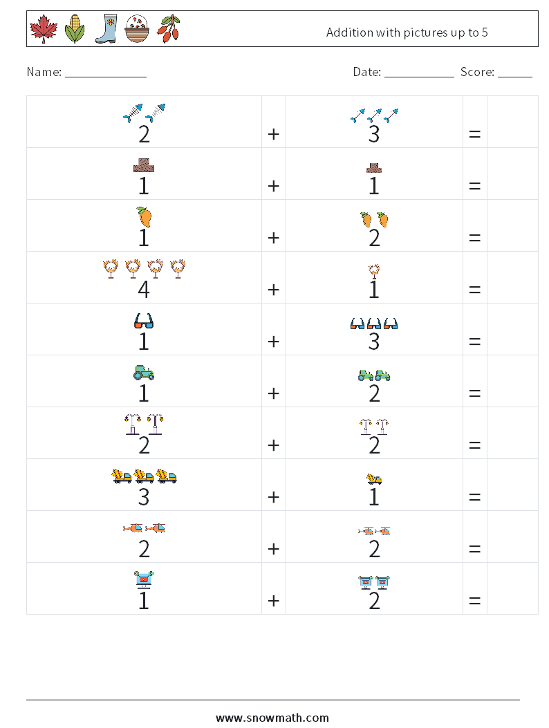 Addition with pictures up to 5 Maths Worksheets 12