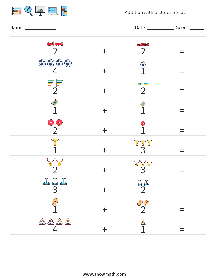 Addition with pictures up to 5 Maths Worksheets 6