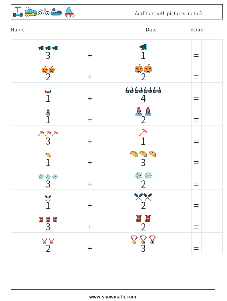 Addition with pictures up to 5 Maths Worksheets 8