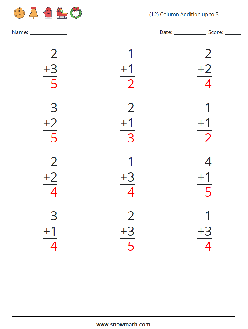 (12) Column Addition up to 5 Maths Worksheets 1 Question, Answer