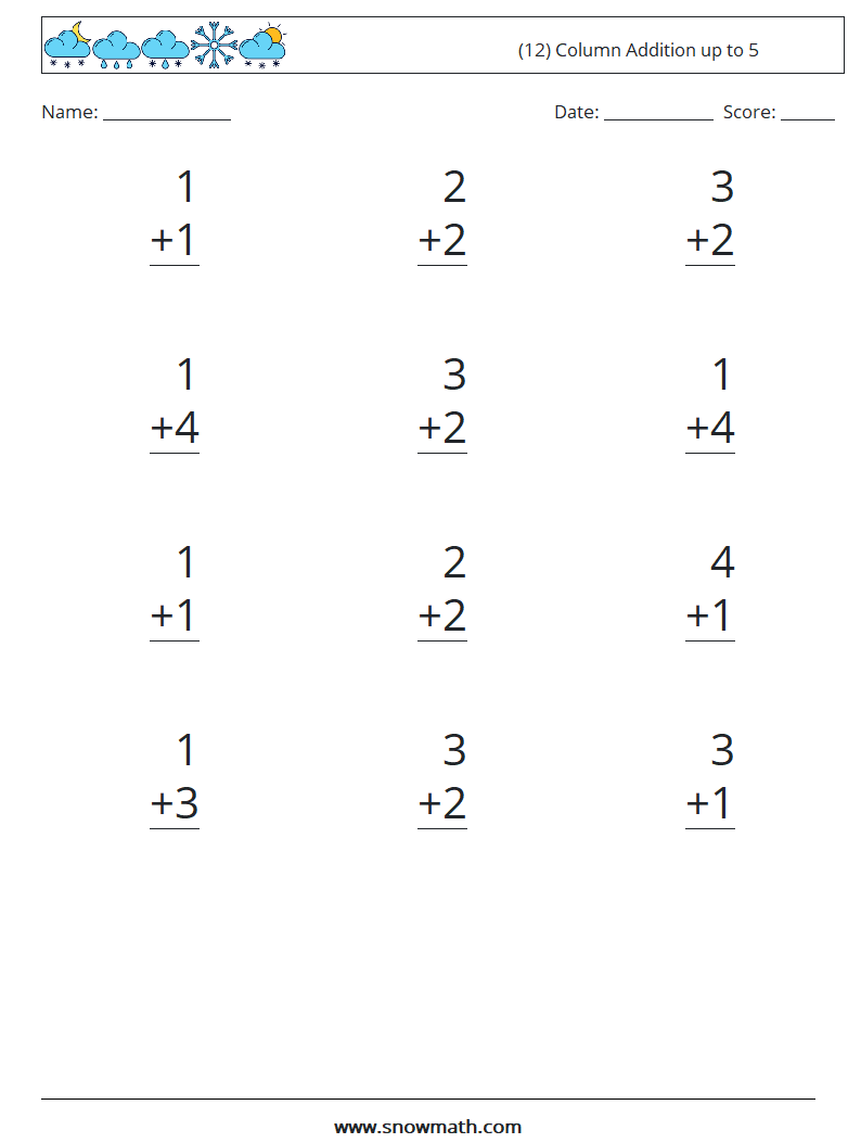 (12) Column Addition up to 5 Maths Worksheets 2