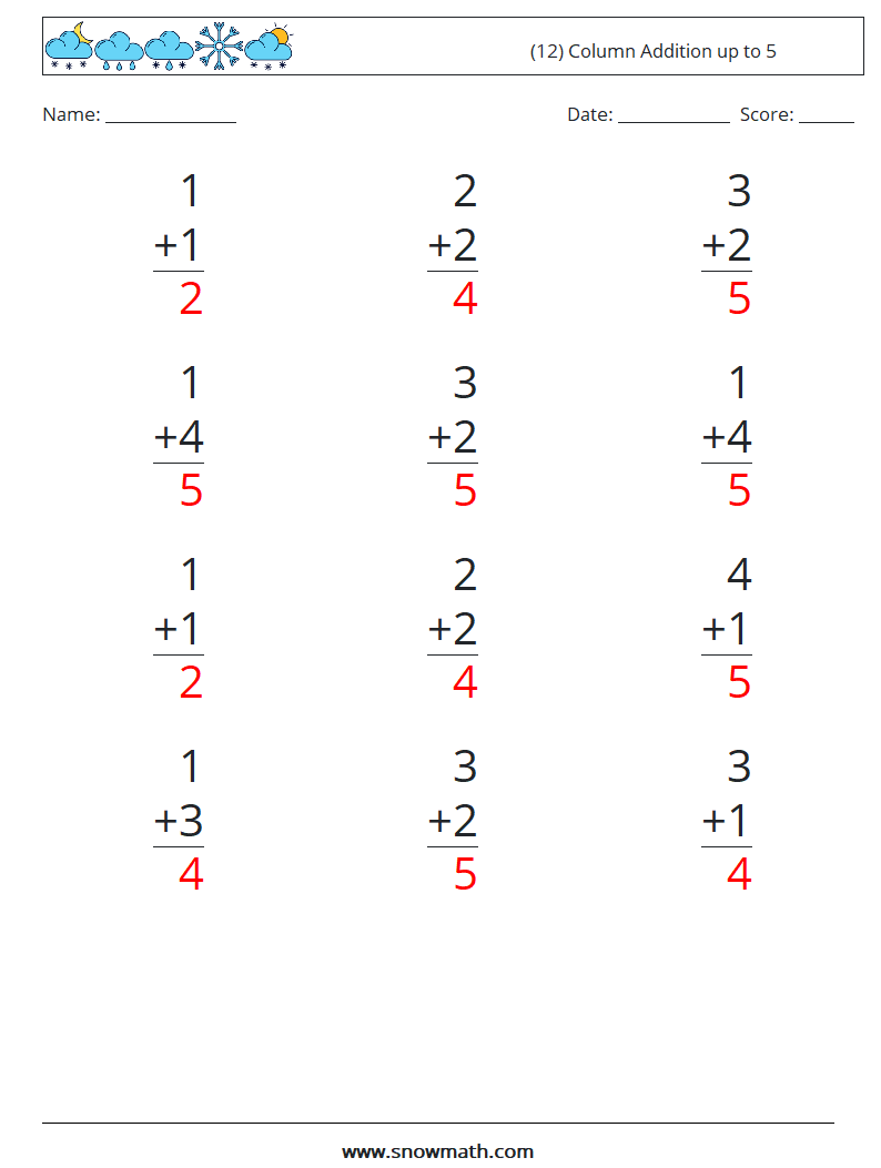 (12) Column Addition up to 5 Maths Worksheets 2 Question, Answer