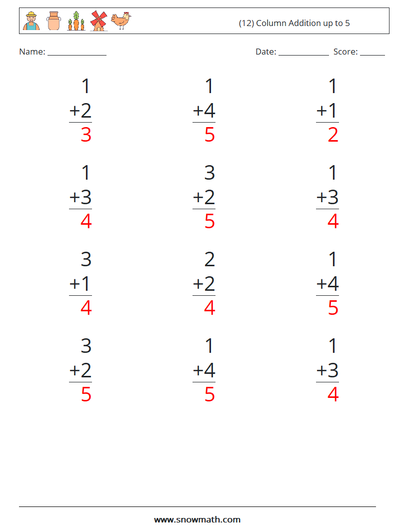 (12) Column Addition up to 5 Maths Worksheets 3 Question, Answer