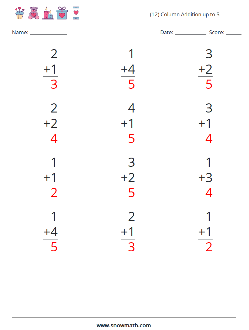 (12) Column Addition up to 5 Maths Worksheets 4 Question, Answer
