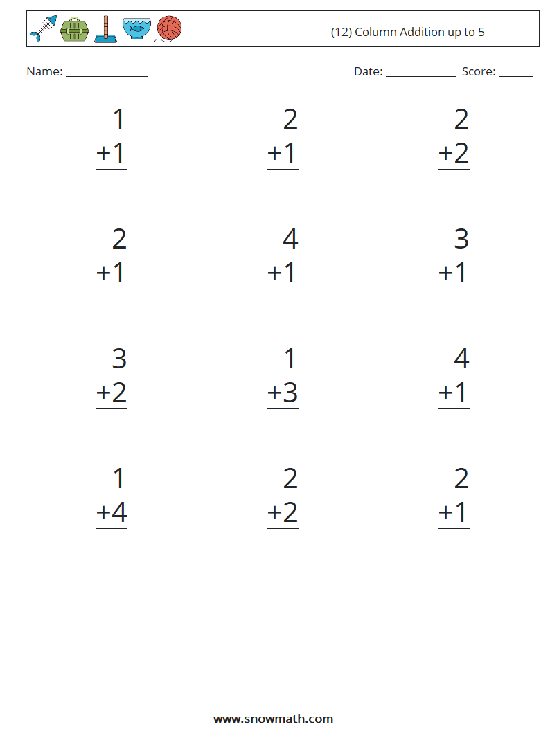 (12) Column Addition up to 5 Maths Worksheets 5