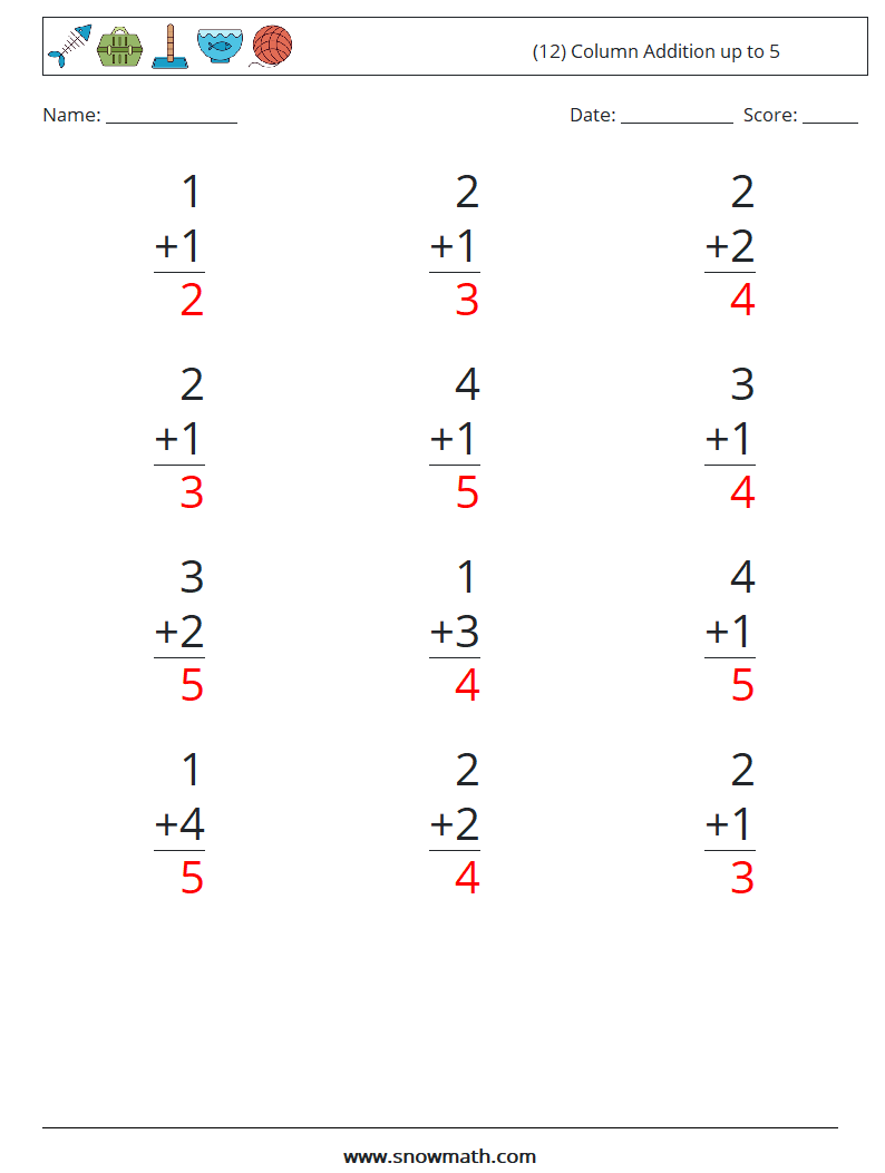 (12) Column Addition up to 5 Maths Worksheets 5 Question, Answer