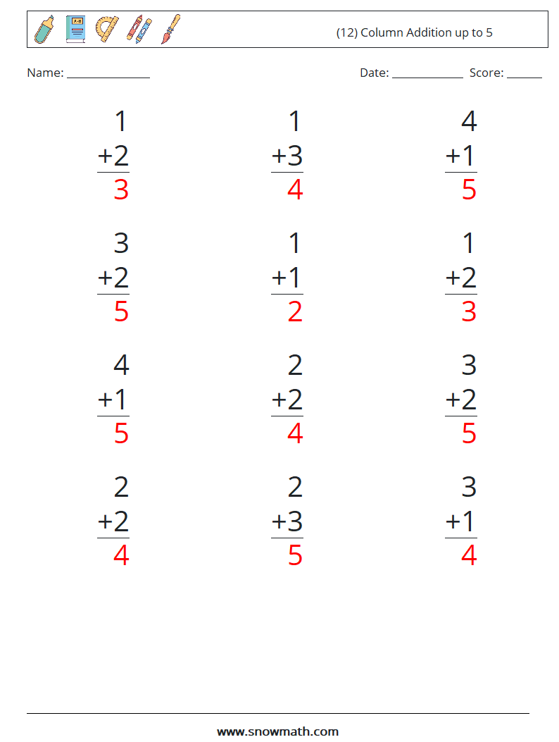 (12) Column Addition up to 5 Maths Worksheets 6 Question, Answer