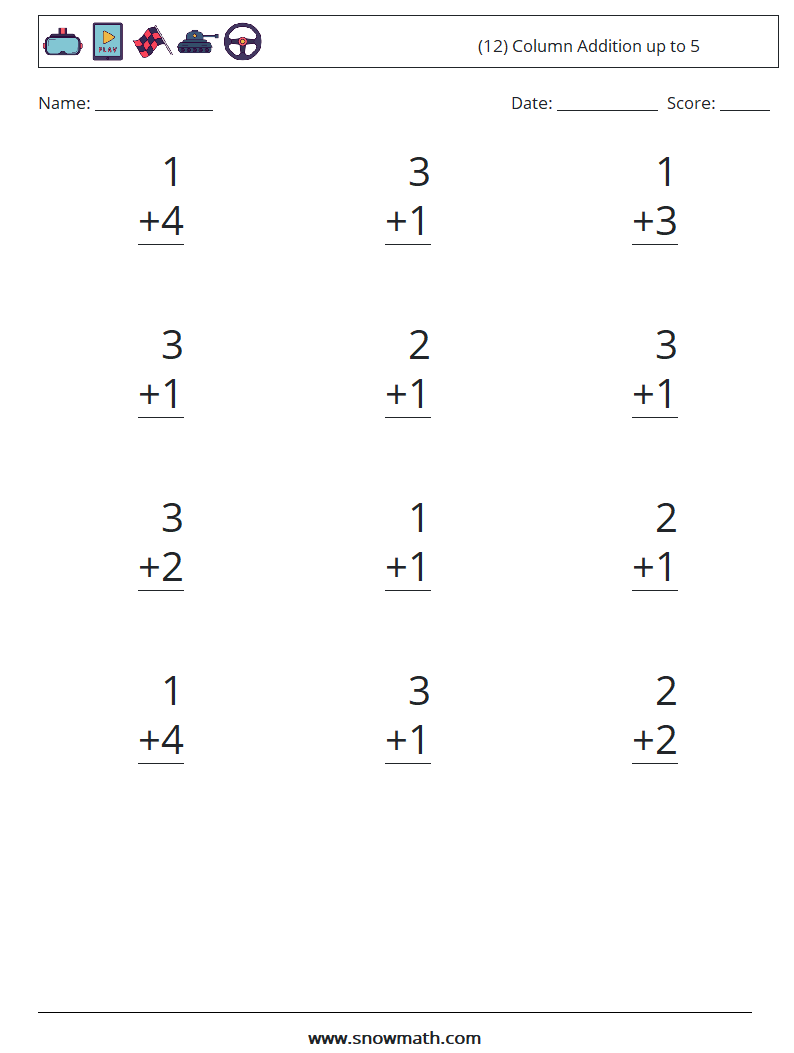 (12) Column Addition up to 5 Maths Worksheets 7