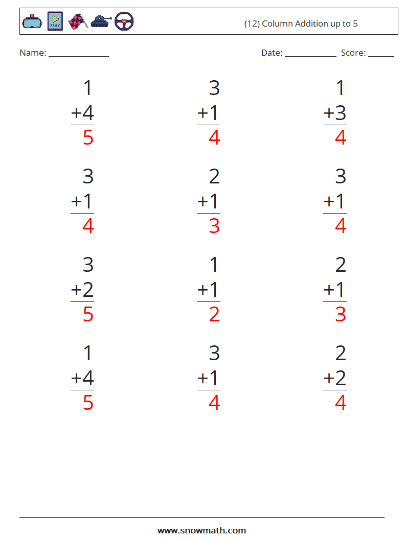 (12) Column Addition up to 5 Maths Worksheets 7 Question, Answer