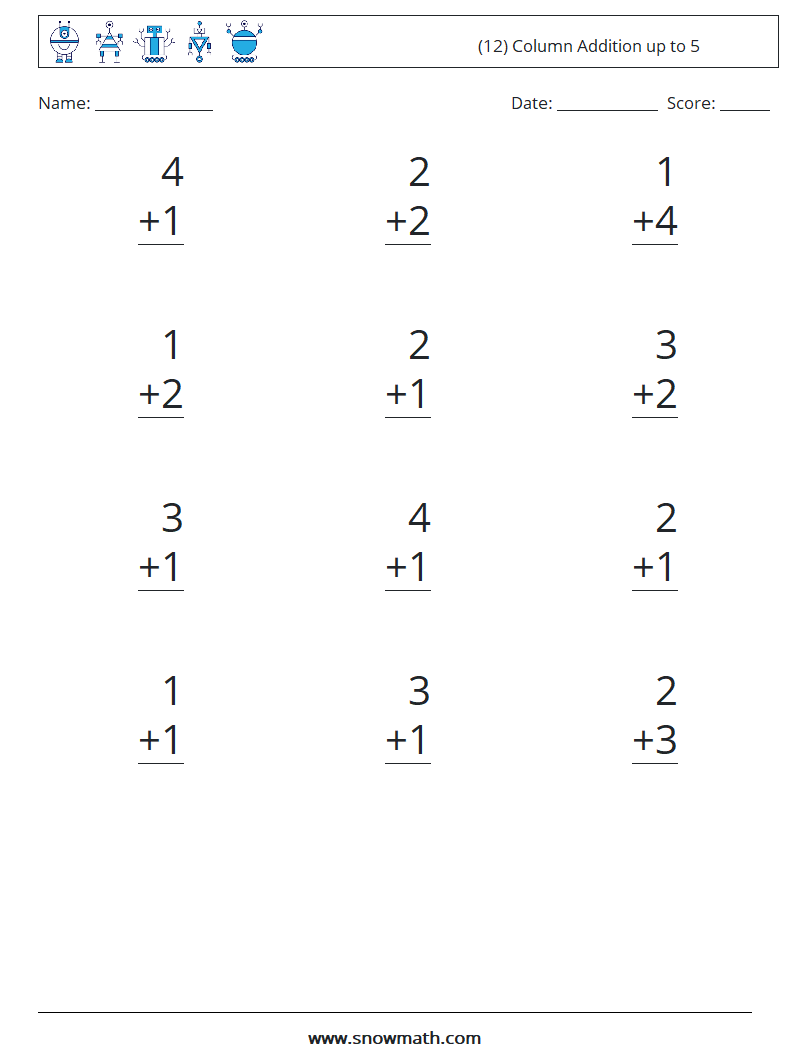 (12) Column Addition up to 5 Maths Worksheets 8