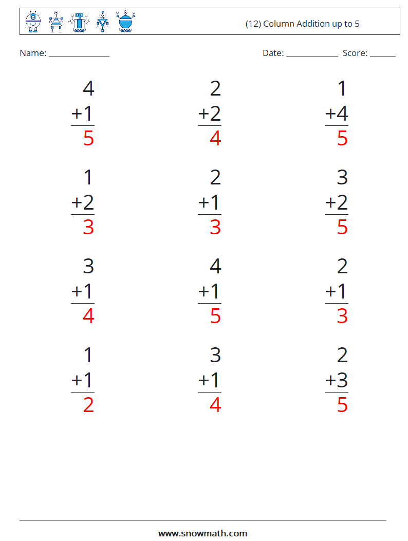 (12) Column Addition up to 5 Maths Worksheets 8 Question, Answer