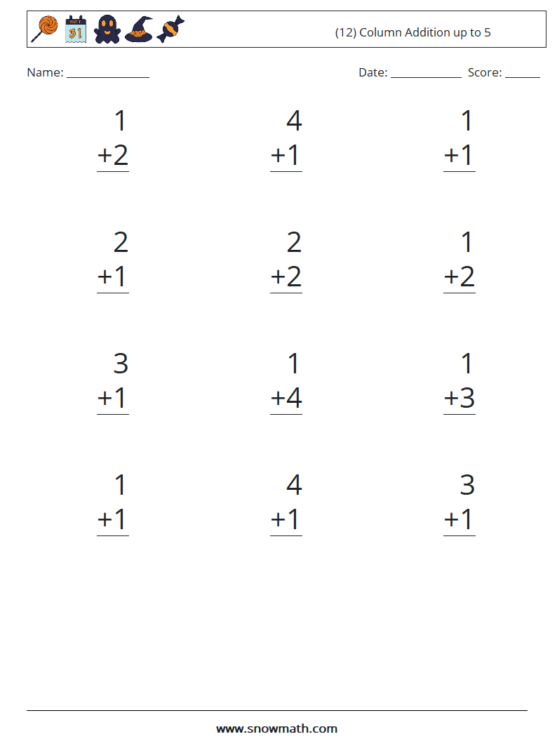 (12) Column Addition up to 5 Maths Worksheets 9