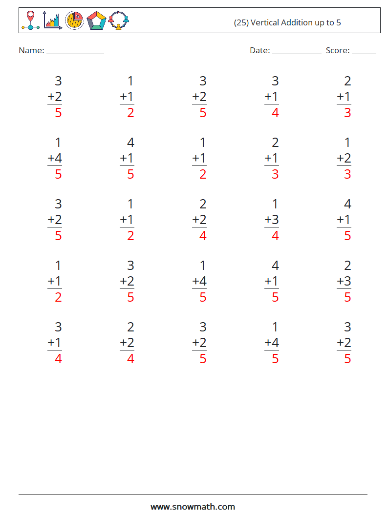 (25) Vertical Addition up to 5 Maths Worksheets 1 Question, Answer