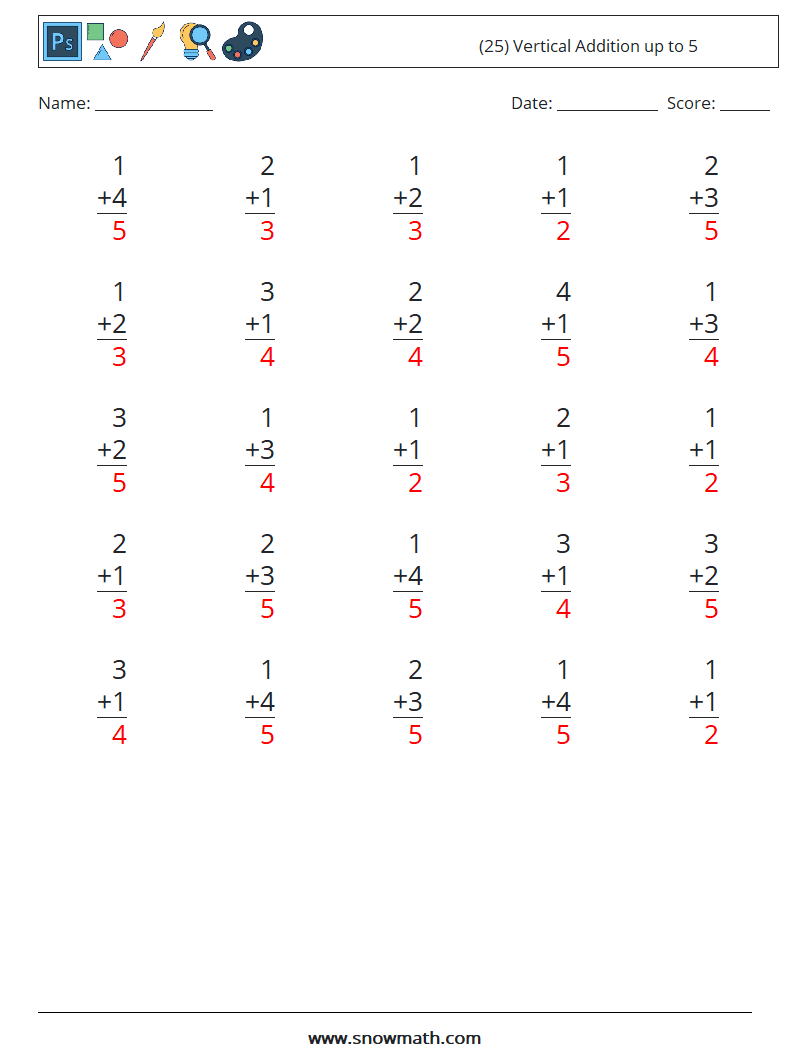 (25) Vertical Addition up to 5 Maths Worksheets 2 Question, Answer