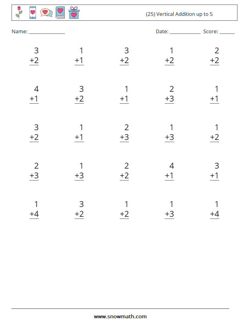 (25) Vertical Addition up to 5 Maths Worksheets 3