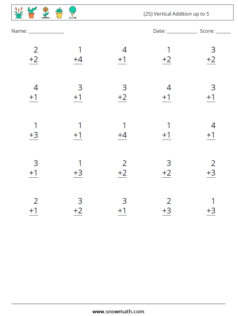 (25) Vertical Addition up to 5 Maths Worksheets 4